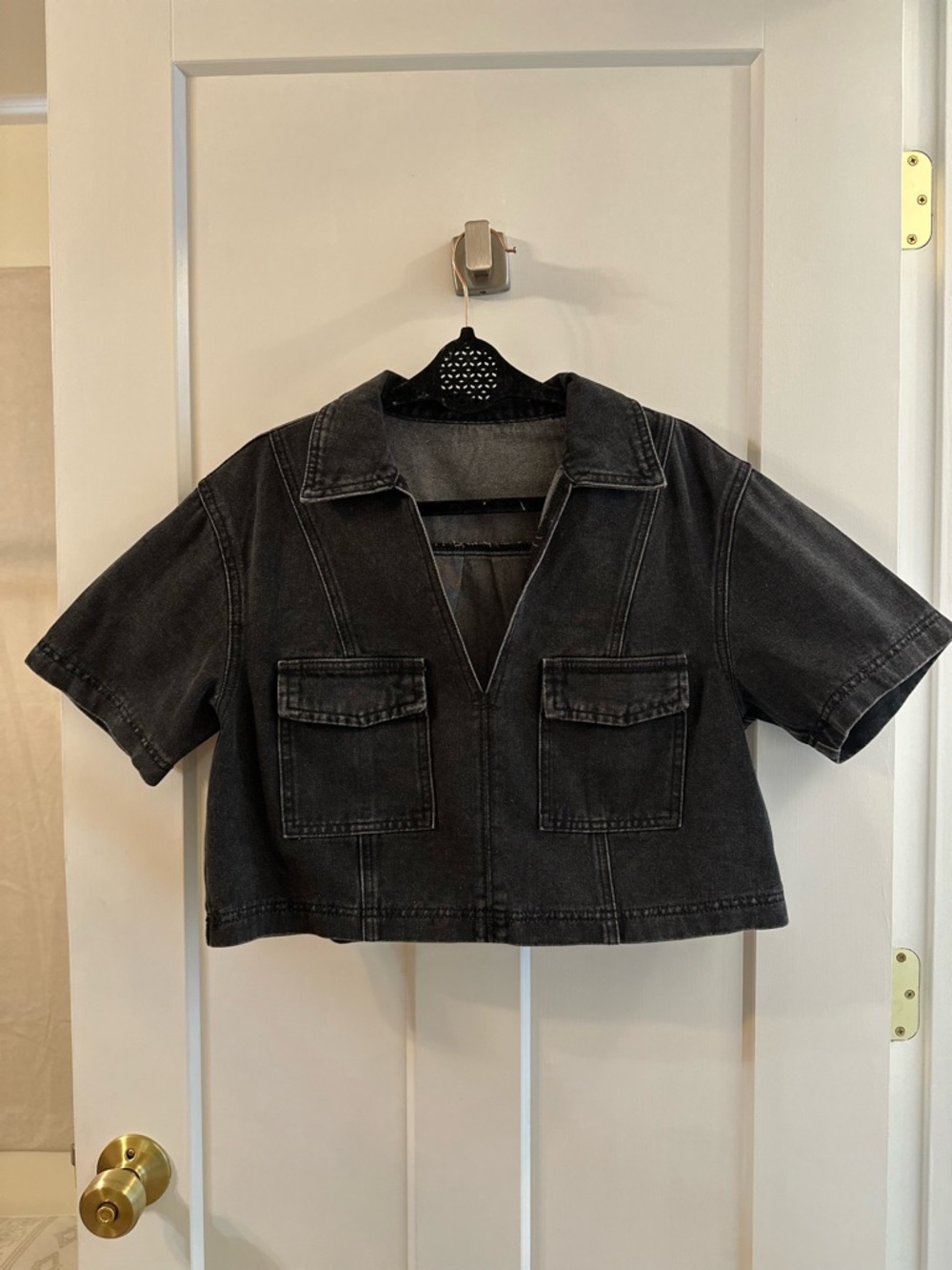 Cropped Black Denim Jacket with Patch Pockets